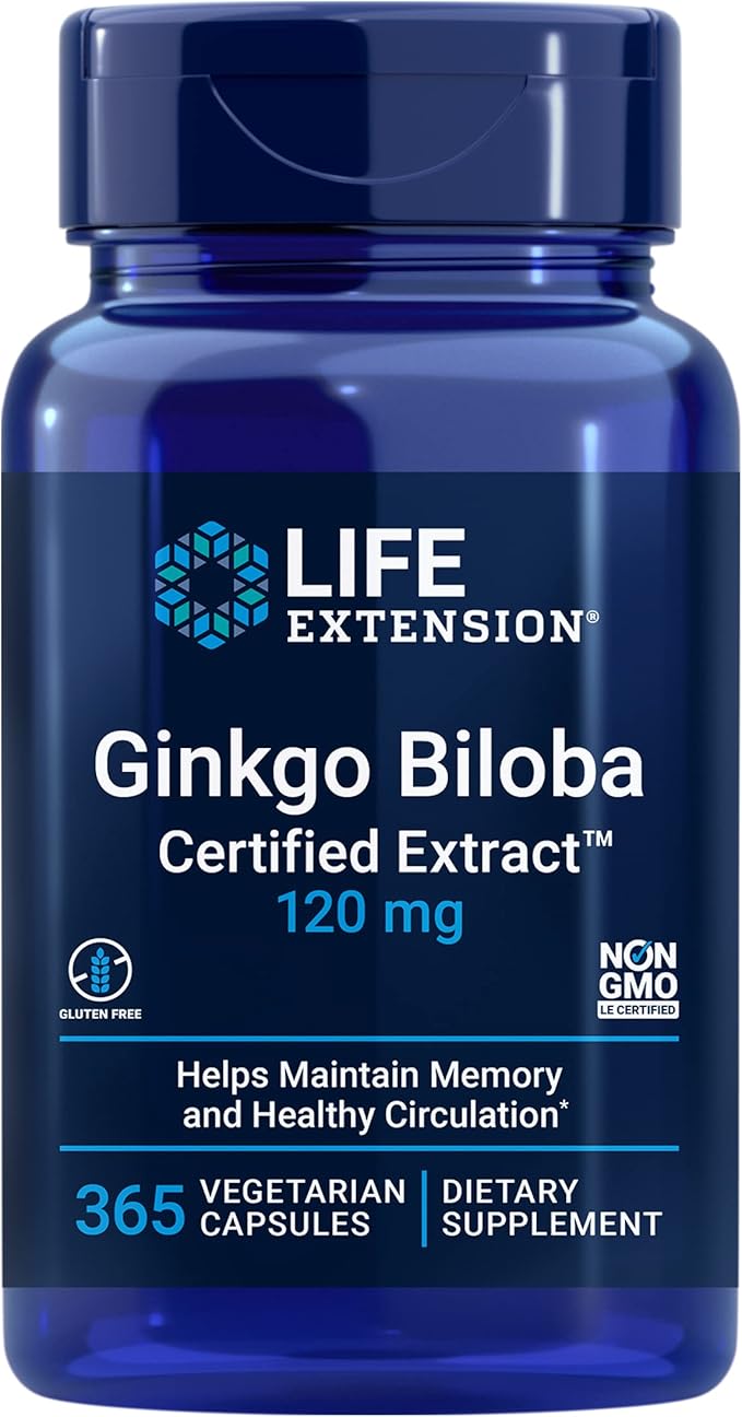 Life Extension Ginkgo Biloba Certified Extract 120mg – Memory & Cognition Support – Non-GMO, Gluten-Free, Vegetarian – 365 Capsules (1-Year Supply)