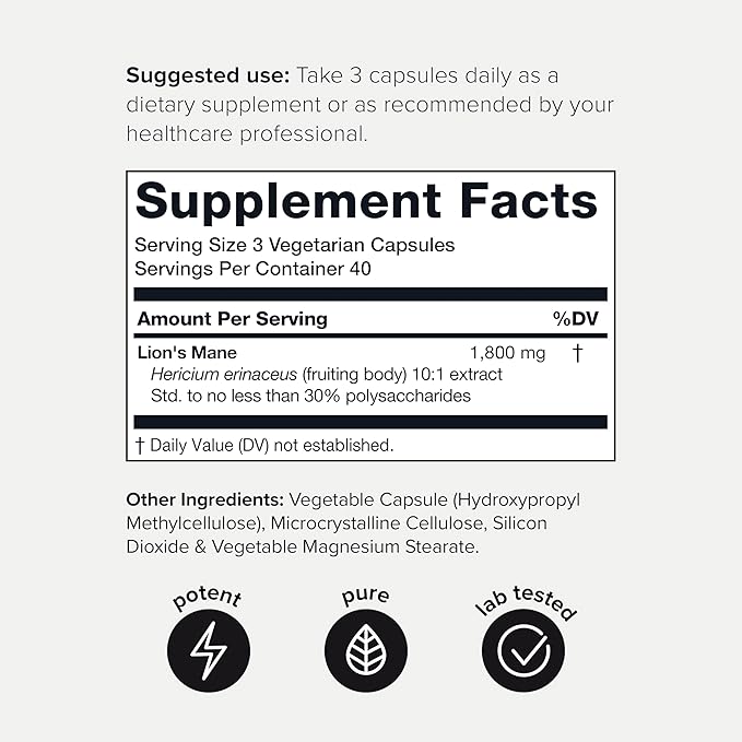 Lion’s Mane 10:1 Extract – Ultra High Potency, 30% Polysaccharides – Brain, Memory & Immune Support – 120 Capsules