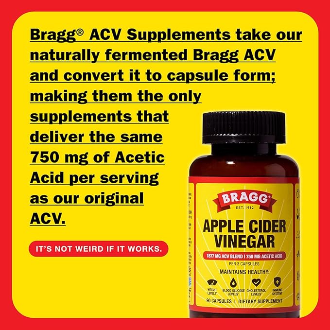 Bragg Apple Cider Vinegar Capsules with Vitamin D & Zinc – Immune Support, Digestion & Metabolism – 1877mg ACV Blend + 750mg Acetic Acid – 90 Vegan Capsules