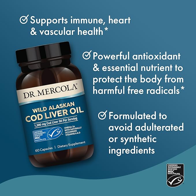 Dr. Mercola Cod Liver Oil 1300mg – Omega-3 DHA, EPA, DPA + Vitamins A & D – MSC Certified, Non-GMO, Gluten-Free – 60 Capsules