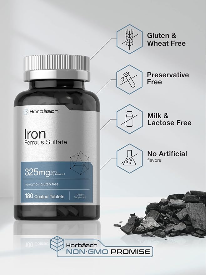 Horbäach Iron Ferrous Sulfate 325mg (65mg Iron) – Red Blood Cell & Energy Support – 180 Vegetarian Tablets