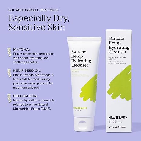 KraveBeauty Matcha Hemp Hydrating Cleanser – Gentle Non-Stripping Daily Face Wash, Vegan, Fragrance-Free, pH Balanced, 4.05 fl oz