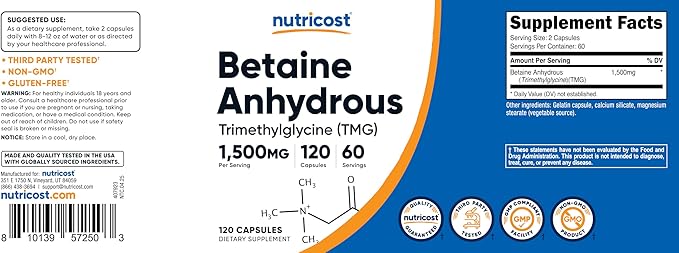 Nutricost Betaine Anhydrous Capsules – 1500mg Per Serving, 120 Capsules, Gluten-Free, Non-GMO