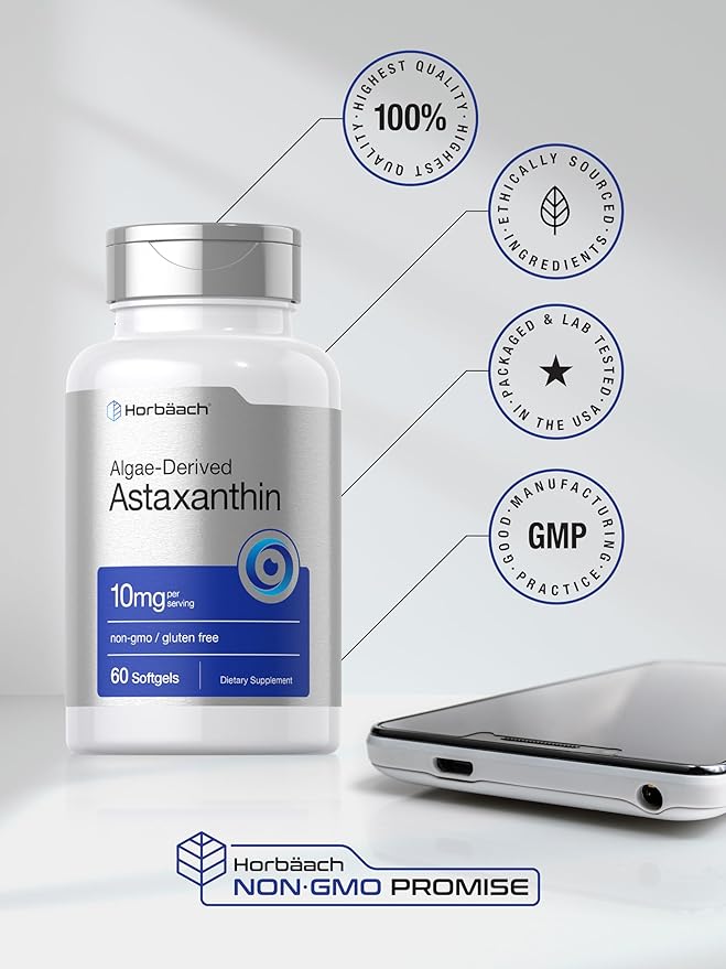 Horbaach Astaxanthin 10mg – Algae-Derived Antioxidant for Skin, Eyes, Joints & Immune Support – Non-GMO, Gluten-Free, Preservative-Free – 60 Softgels