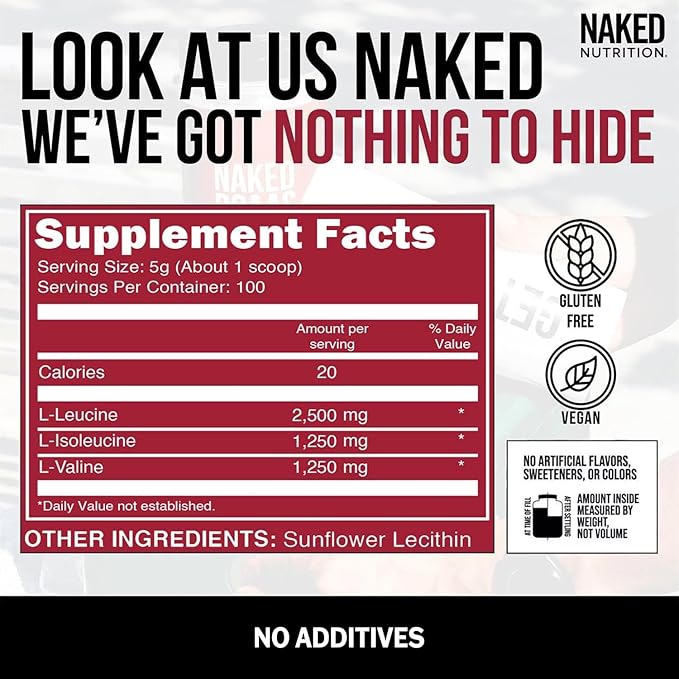 NAKED BCAAs Amino Acids Powder – Pure 2:1:1 Formula, Vegan, Unflavored, 500 Grams, 100 Servings