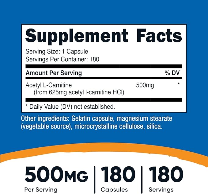 Nutricost Acetyl L-Carnitine (ALCAR) 500mg – Brain & Energy Support – Non-GMO, Gluten-Free – 180 Capsules