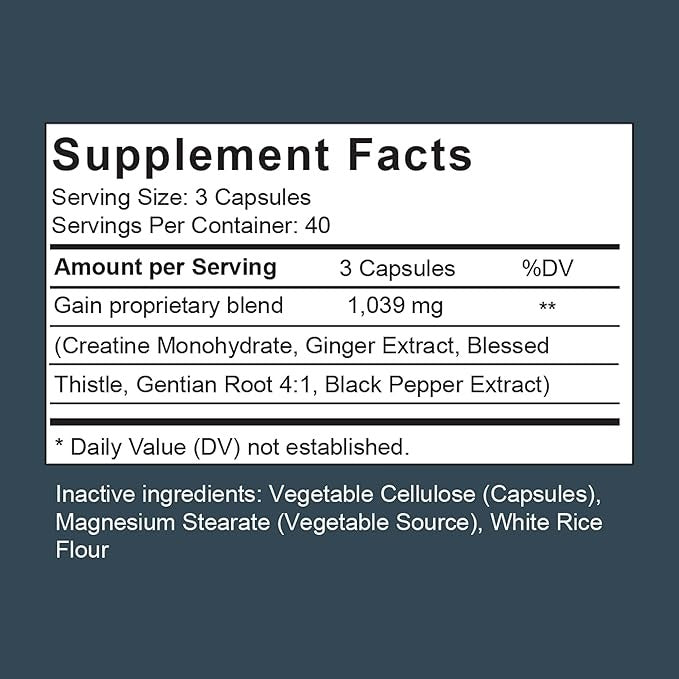 Gain | Appetite Booster, Muscle Growth, Weight Gain, and Digestion Support Pills for Men and Women to Eat More | Creatine & Natural Herbs Supplement 120 Capsules