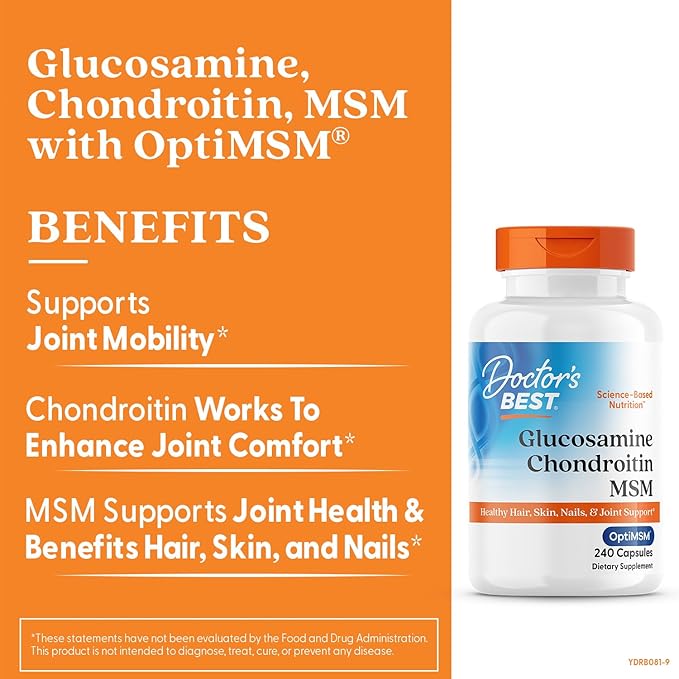 Doctor’s Best Glucosamine Chondroitin MSM with OptiMSM – Joint, Mobility & Flexibility Support – Non-GMO, Gluten-Free, Soy-Free – 240 Capsules