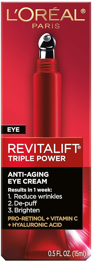 L'Oreal Paris Revitalift Triple Power Eye Cream – Retinol, Hyaluronic Acid, Vitamin C, Wrinkles, Puffiness, Anti-Aging, 0.5 oz