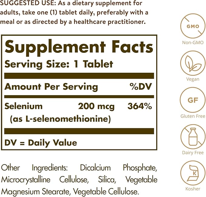 Solgar Yeast-Free Selenium 200mcg – Antioxidant, Immune & Thyroid Support – 250 Vegan Tablets