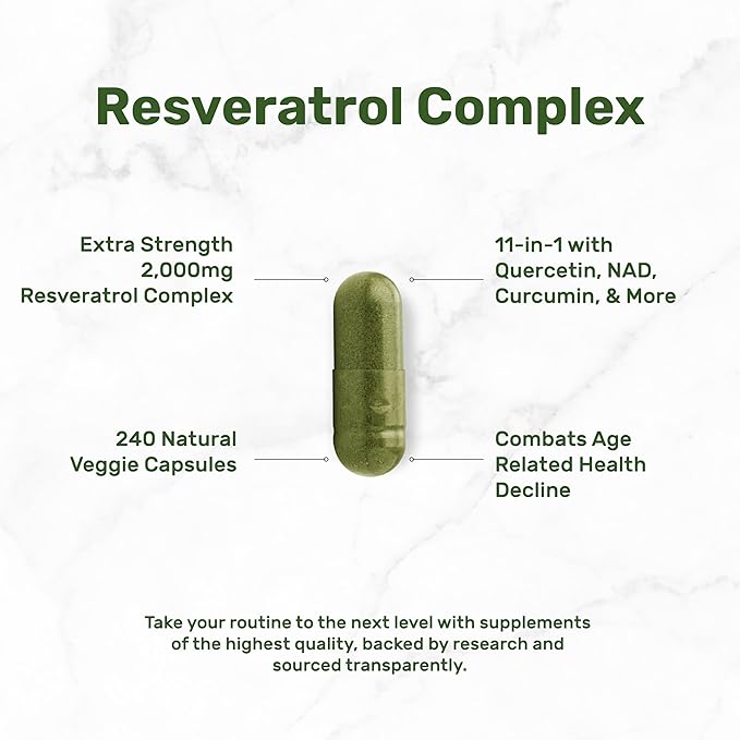 Resveratrol Complex 2000mg – Extra Strength 11-in-1 Antioxidant with Trans-Resveratrol, NAD, Quercetin, Turmeric & CoQ10 – Brain, Heart & Immune Support – Vegan, Non-GMO – 240 Capsules