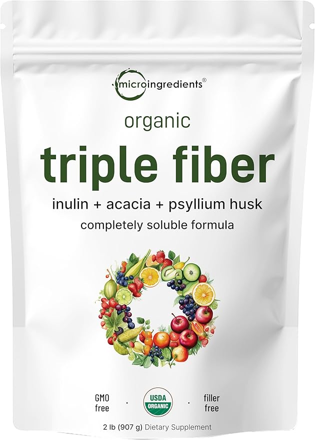 Micro Ingredients Organic Triple Fiber Powder – Inulin, Acacia & Psyllium Husk – Digestive Health & Hunger Support – Unflavored, Vegan, Non-GMO, Gluten-Free – 2 lb