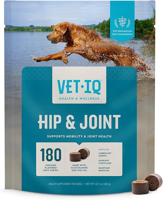VetIQ Advanced Hip & Joint Chews for Dogs – Glucosamine, Chondroitin, MSM, Omega-3, Green Lipped Mussel – Mobility & Muscle Support – 60 Chicken Chews