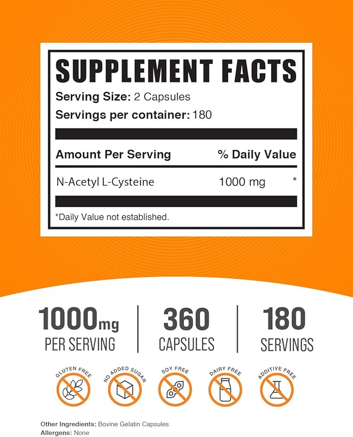 BulkSupplements NAC 1000mg – N-Acetyl L-Cysteine for Immune & Antioxidant Support – Gluten Free – 360 Capsules (180 Servings)
