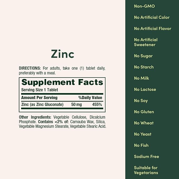 Nature’s Bounty Zinc 50mg – Immune, Antioxidant & Skin Support – 250 Vegetarian Caplets