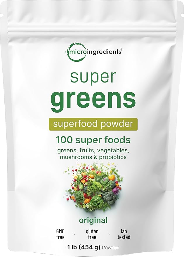 Micro Ingredients Super Greens Powder – 100 Superfood Blend with Daily Greens, Fruits, Veggies, Mushrooms & Probiotics – Vegan, Non-GMO, Gluten-Free – 1 lb