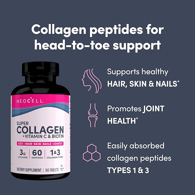 NeoCell Super Collagen with Vitamin C & Biotin – Types I & III Hydrolyzed Collagen for Skin, Hair, Nails & Joint Support – Non-GMO, Gluten-Free – 180 Tablets