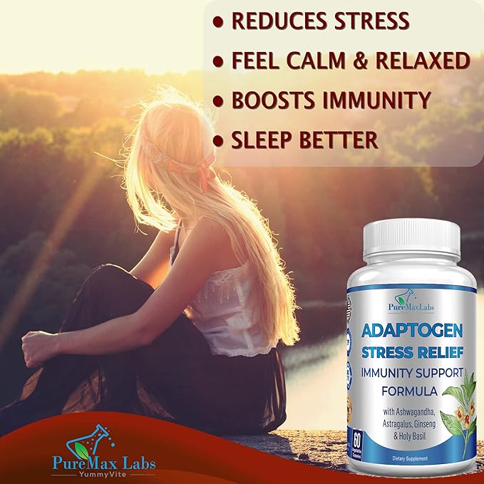 Adaptogen Stress Relief & Immune Support – 9-Herb Adrenal Formula with Ashwagandha, Astragalus, Rhodiola & Maca – Non-GMO – 60 Capsules