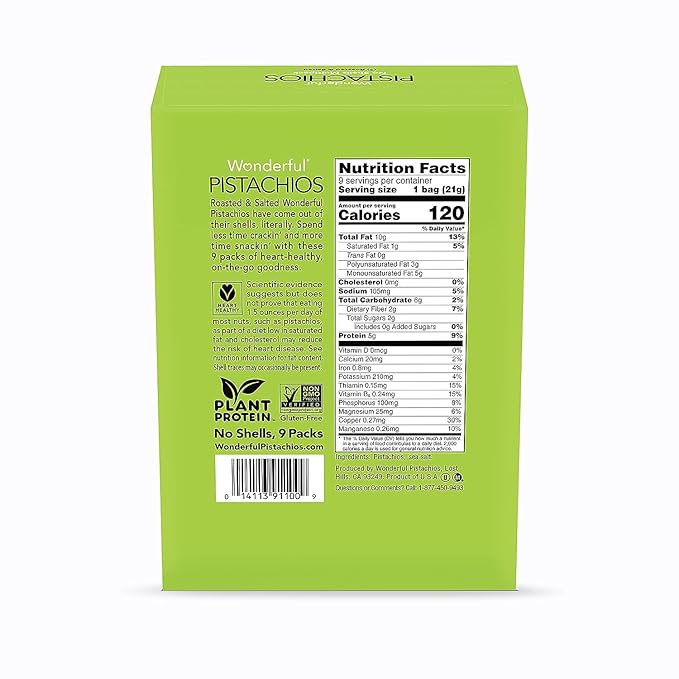 Wonderful Pistachios No Shells – Roasted & Salted, Gluten-Free Protein Snacks, 0.75 oz Bags, Pack of 9