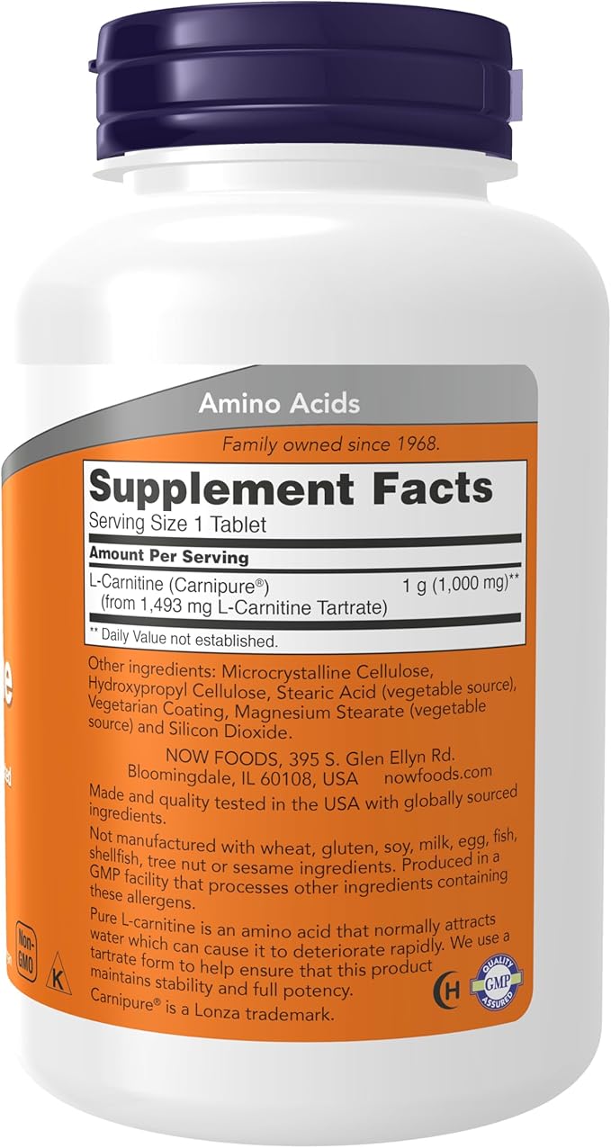 NOW Foods L-Carnitine 1000mg – Carnipure® Amino Acid for Energy & Fat Metabolism – Vegan, Non-GMO, Kosher, Soy-Free – 100 Tablets