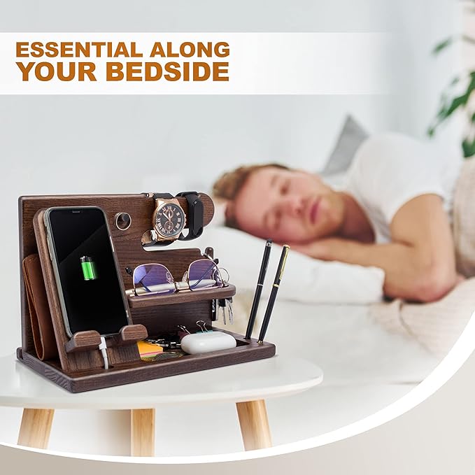 TESLYAR Wood Phone Docking Station for Men, Nightstand Organizer, Gift for Husband Dad, Key Wallet Stand