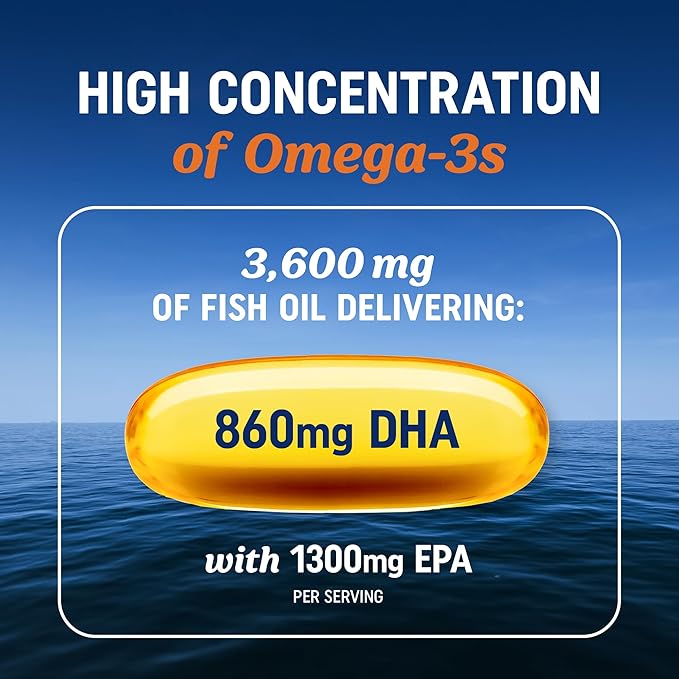 Triple Strength Omega-3 Fish Oil 3600mg – High EPA 1300mg & DHA 860mg – Wild-Caught, Burpless, Ultra-Refined – Non-GMO, Gluten-Free – 120 Softgels