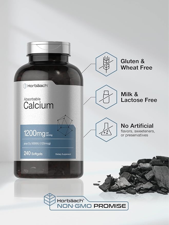 Horbäach Calcium 1200mg with Vitamin D3 5000 IU – Absorbable Bone Health Support – 240 Softgels