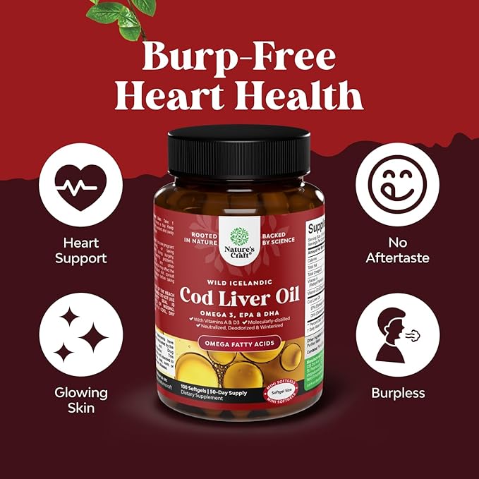 Icelandic Wild-Caught Cod Liver Oil 1000mg with Omega-3 EPA, DHA, Vitamins A & D – Burpless Softgels for Heart, Brain, Joint & Immune Support – Non-GMO, Gluten-Free – 100 Count