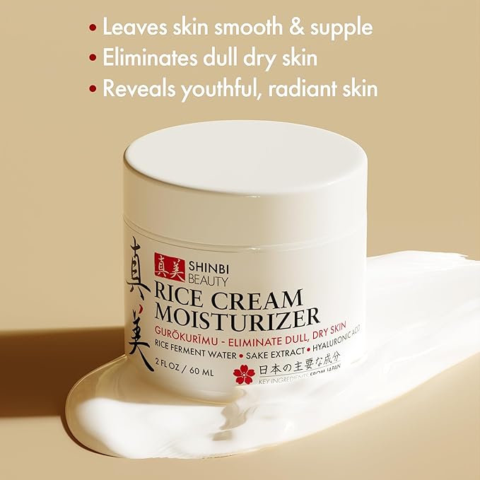 Shinbi Beauty Japanese Rice Cream Moisturizer – Rice Ferment & Sake Extract – Lightweight, Brightening, Hydrating Face Cream – J-Beauty, Natural, Non-Greasy – 2oz