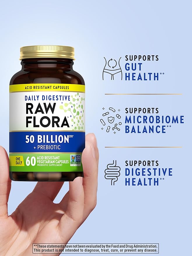 Nature's Truth Raw Flora Probiotic 50 Billion CFU with Prebiotic Inulin – Gut & Digestive Health – Non-GMO, Gluten-Free, Vegetarian – 30 Capsules