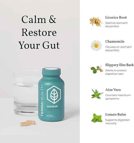 Terra Health Acid Relief – Natural Heartburn & Reflux Support – 60 Capsules with Slippery Elm, Aloe & Chamomile