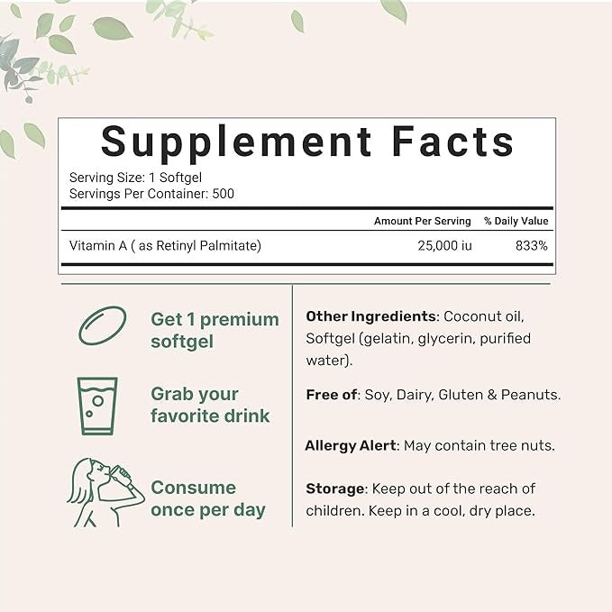 Micro Ingredients Vitamin A 25,000 IU – Maximum Strength, Vision, Immune & Reproductive Support – 500 Softgels with Coconut Oil