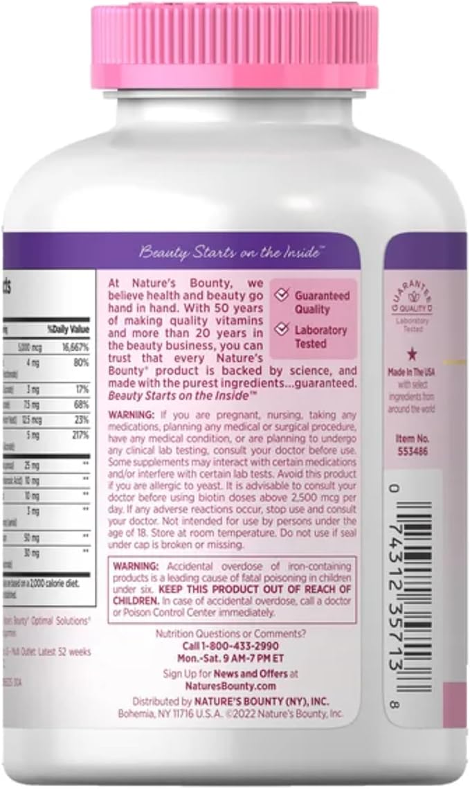 Nature’s Bounty Hair, Skin & Nails – 5000 mcg Biotin Extra Strength + Collagen, Alpha Lipoic Acid & Calcium – 250 Tablets (4-Bottle Value Pack)