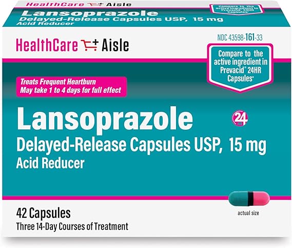 HealthCareAisle Lansoprazole 15mg – 42 Delayed-Release Capsules – Acid Reducer for Frequent Heartburn – 14-Day Treatment