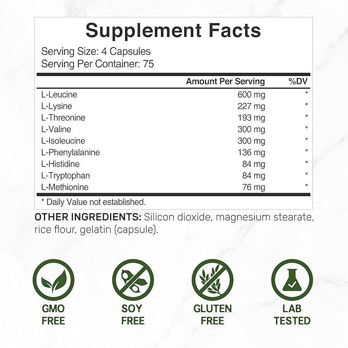 Essential Amino Acids (EAA) – 2000mg Per Serving, 300 Capsules, Unflavored, 9-in-1 BCAAs, Lean Muscle Support
