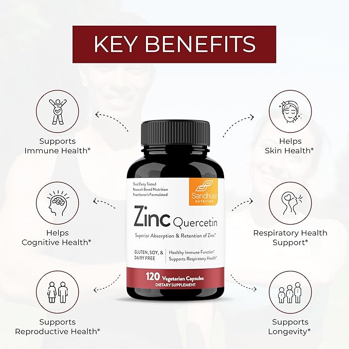 Sandhu’s Zinc Quercetin – Immune & Antioxidant Support – 120 Vegetarian Capsules – Gluten, Soy & Dairy Free