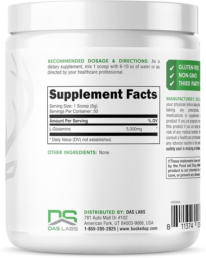 Bucked Up L-Glutamine Powder – 5000mg Per Serving, Essentials, 50 Servings, 250g Container