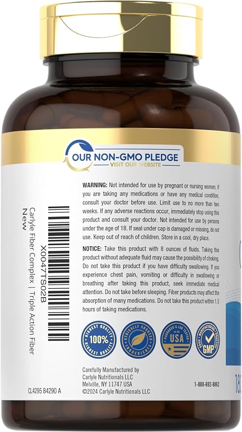 Carlyle Fiber Complex – Triple Action with Psyllium Husk, Oat Bran & Apple Pectin – Digestive Support, Regularity & Gut Health – Non-GMO, Gluten-Free – 180 Capsules