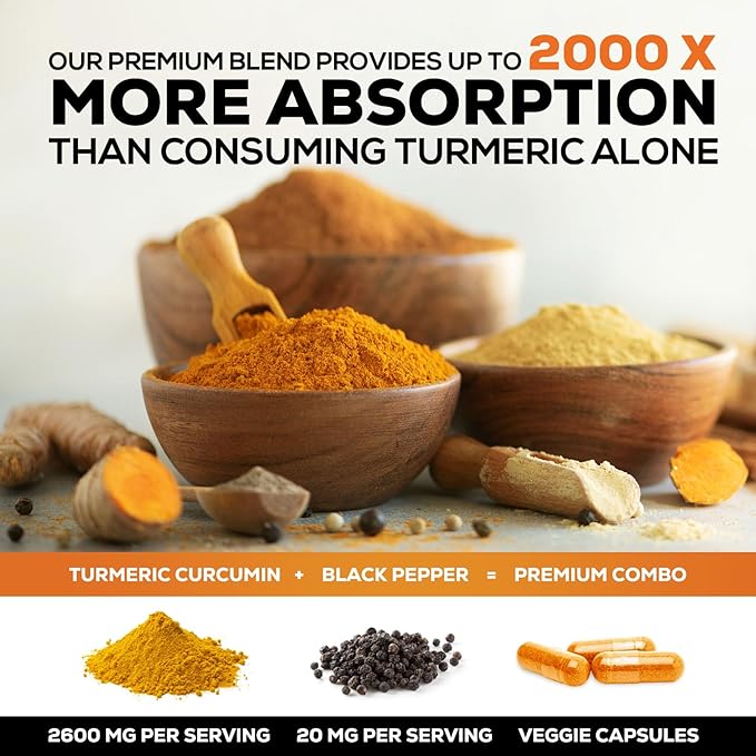 Turmeric Curcumin 2600mg with 95% Curcuminoids & BioPerine – High Absorption Joint Support – Vegan, Non-GMO, Gluten-Free – 240 Capsules
