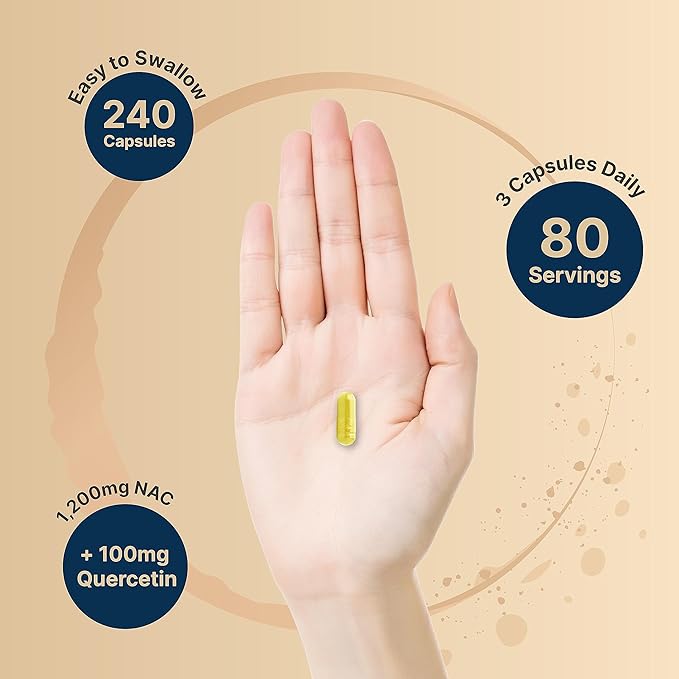 NAC Supplement 1200mg with Quercetin – Double Strength Antioxidant for Immune, Liver & Lung Health – Non-GMO, Gluten-Free – 240 Capsules