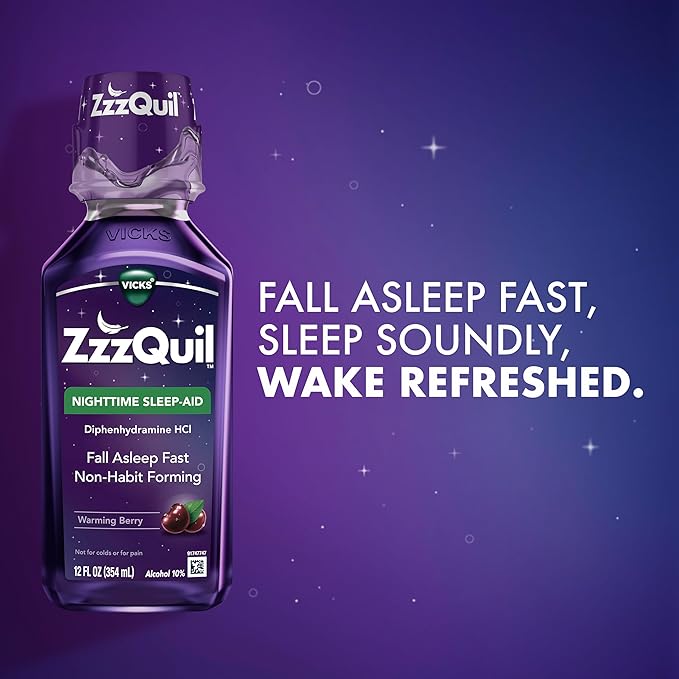 ZzzQuil Nighttime Sleep Aid Liquid – Warming Berry Flavor – 50mg Diphenhydramine – Non-Habit Forming – 12 fl oz (Pack of 2)