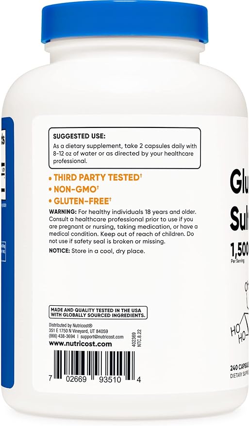 Nutricost Glucosamine Sulfate 1500mg – Joint Support Supplement – Non-GMO, Gluten-Free – 240 Capsules (120 Servings)