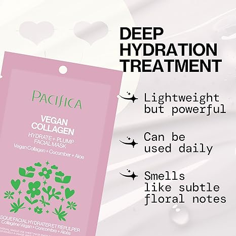 Pacifica Vegan Collagen Sheet Face Mask – Hydrating & Plumping Moisturizing Mask with Cucumber & Aloe for Dry, Aging, Sensitive Skin – Clean Beauty, Cruelty-Free