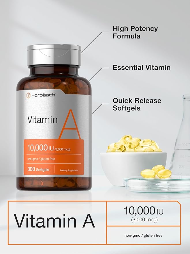 Horbäach Vitamin A 10,000 IU – Vision, Immune & Skin Support – 300 Softgels – Non-GMO, Gluten Free