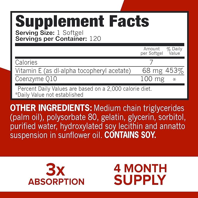 Qunol CoQ10 100mg Ultra Softgels – High Absorption, Water & Fat Soluble – Heart, Energy & Antioxidant Support – Non-GMO, Gluten-Free – 120 Softgels (4 Month Supply)