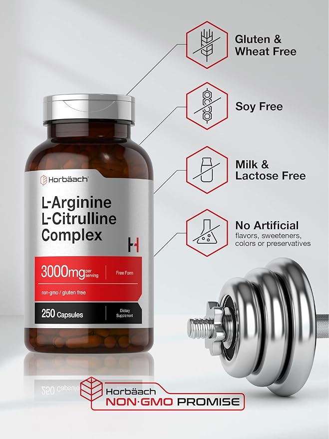 Horbäach L-Arginine L-Citrulline Complex – 3000mg Amino Acid Supplement – Nitric Oxide Booster, Blood Flow & Endurance – Non-GMO, Gluten-Free – 250 Capsules