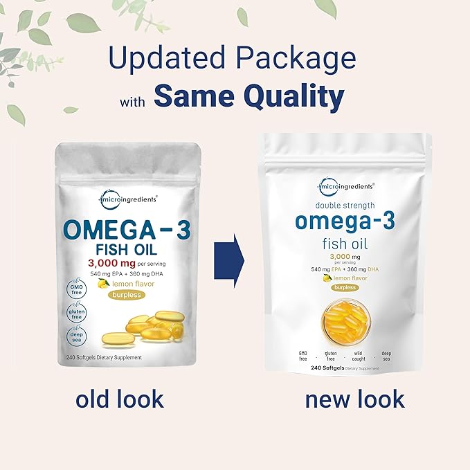 Micro Ingredients Omega-3 Fish Oil 3000mg – High EPA 540mg & DHA 360mg – Lemon Flavored, Burpless – Wild-Caught, Non-GMO – 240 Softgels