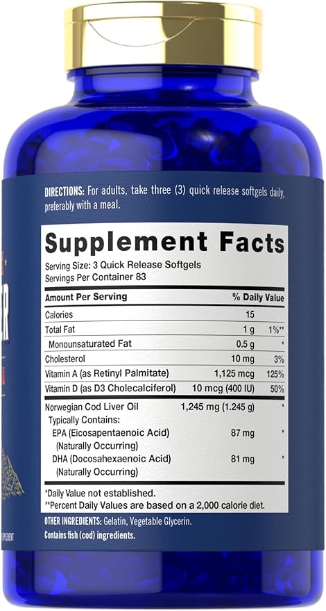 Carlyle Norwegian Cod Liver Oil 1245mg – High Omega-3 with EPA & DHA – Heart, Brain & Immune Support – Non-GMO, Gluten-Free – 250 Softgels (Value Size)