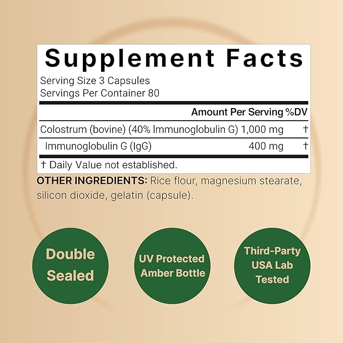 NatureBell Bovine Colostrum 1000mg – 40% IgG First-Milking Colostrum – Immune, Gut & Skin Support – Non-GMO, Gluten-Free – 240 Capsules (120 Servings)