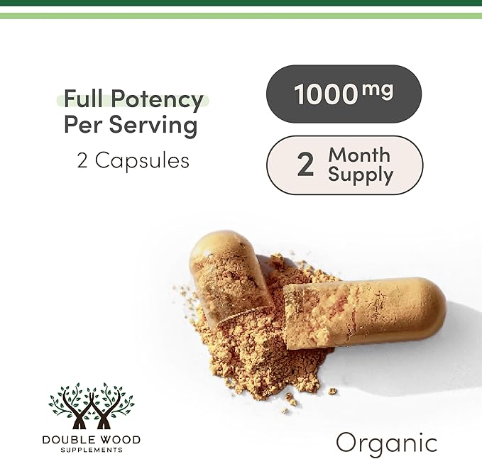 Double Wood Organic Lion’s Mane Mushroom – Brain, Memory & Immune Support – 120 Capsules – USA Grown, Third Party Tested